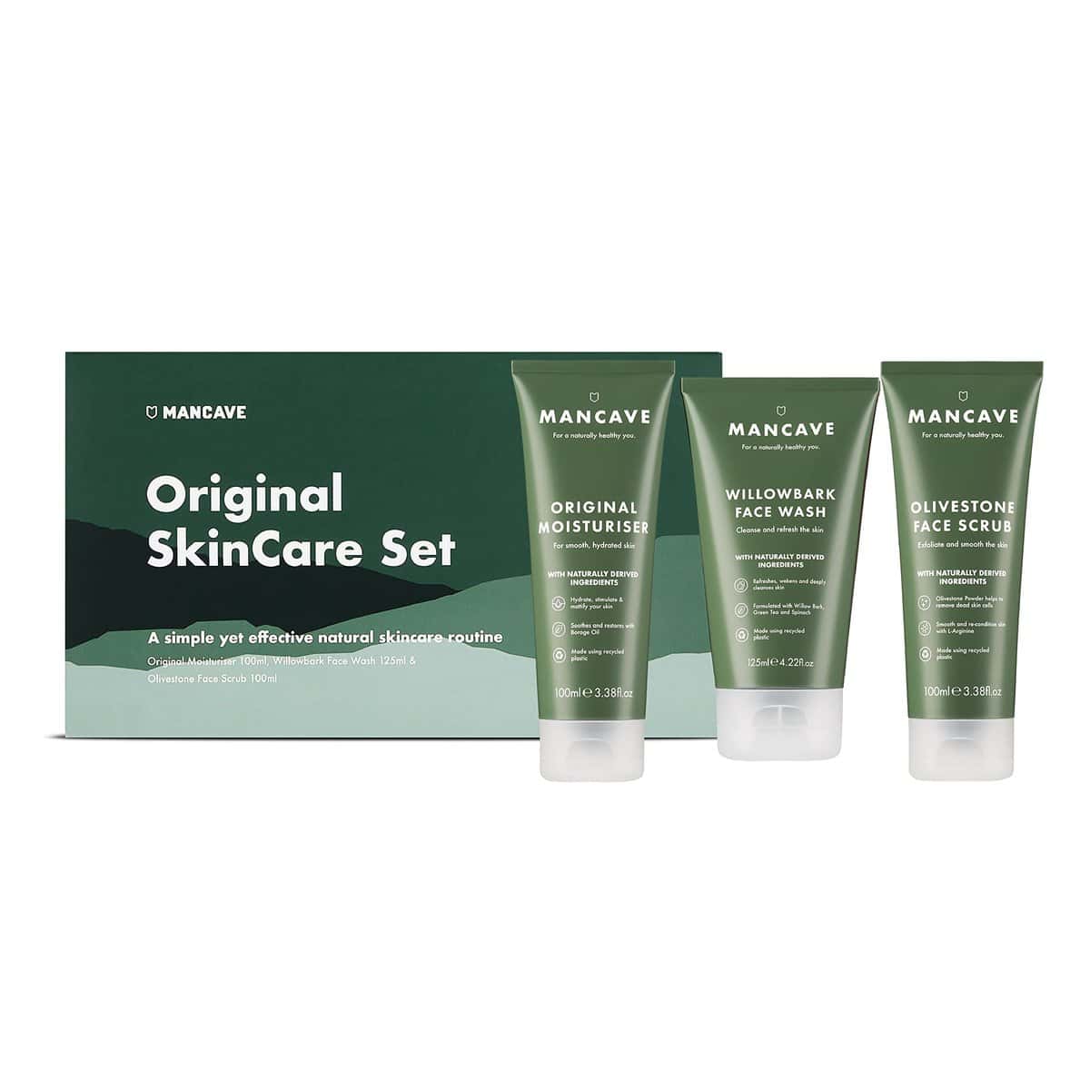 ManCave Originals Skincare Gift Set with 3 Key Skin Care Essentials with Face Wash, Face Scrub and Moisturiser for Men, Vegan, Natural formulations, Tubes made from Recycled Plastics, Made in England