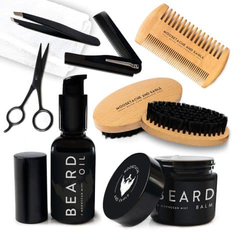 [Enhanced] Moosetache And Eagle All-in-One Male Facial Hair Care Set – Premium Vegan, Alcohol-Free Beard Grooming Kit. Includes Beard Oil, Balm, Brush, Comb, Scissors, Tweezers, and Towel.