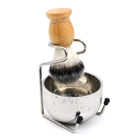 Men’s grooming set with wet shaving essentials: brush, stainless steel bowl, safety stand; durable, rust-proof, easy to clean; perfect for gifts.