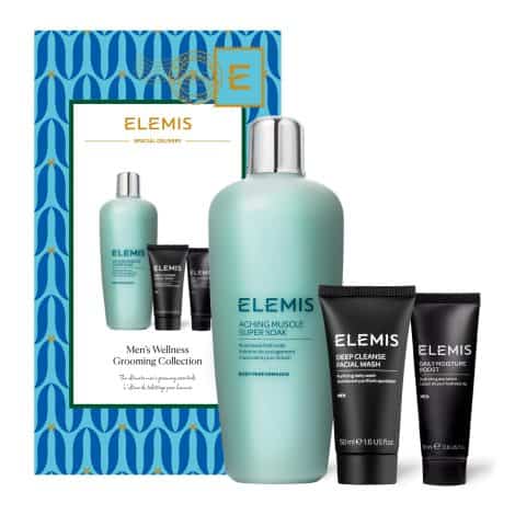 Elemis Men’s Limited Edition Christmas Collection of luxury bath and skincare products, including muscle soak and travel face wash.