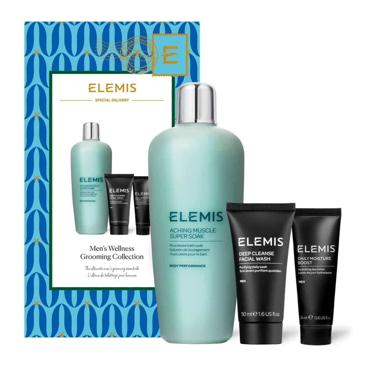 Elemis Limited Edition Men's Wellness Grooming Christmas Collection, Luxury Bath & Skincare Bundle Gift Set, Full Size Aching Muscle Super Soak, Travel Deep Cleansing Face Wash & Daily Moisturiser