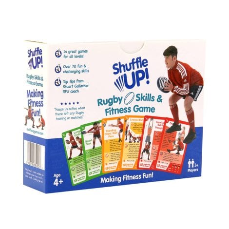 Shuffle Up Rugby Skills & Fitness Game – Family Games featuring over 70 active playing cards, a rugby training aid, and ideal gifts for children.