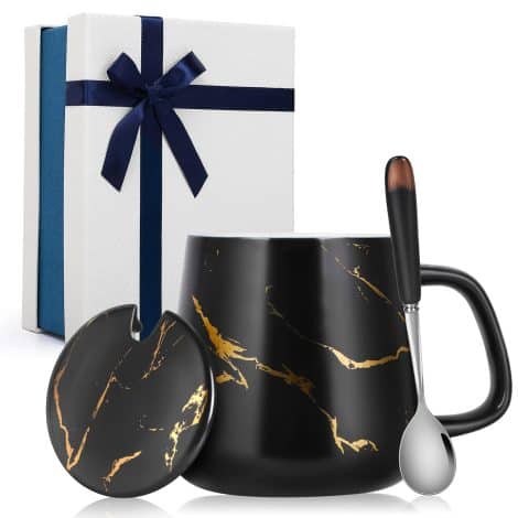 TangDouJM Marbled Ceramic Mug with Lid and Spoon, Coffee Mug Set, Classy Men’s/Women’s Coffee Mug, Festive Gift, 12oz/350ml – Black.