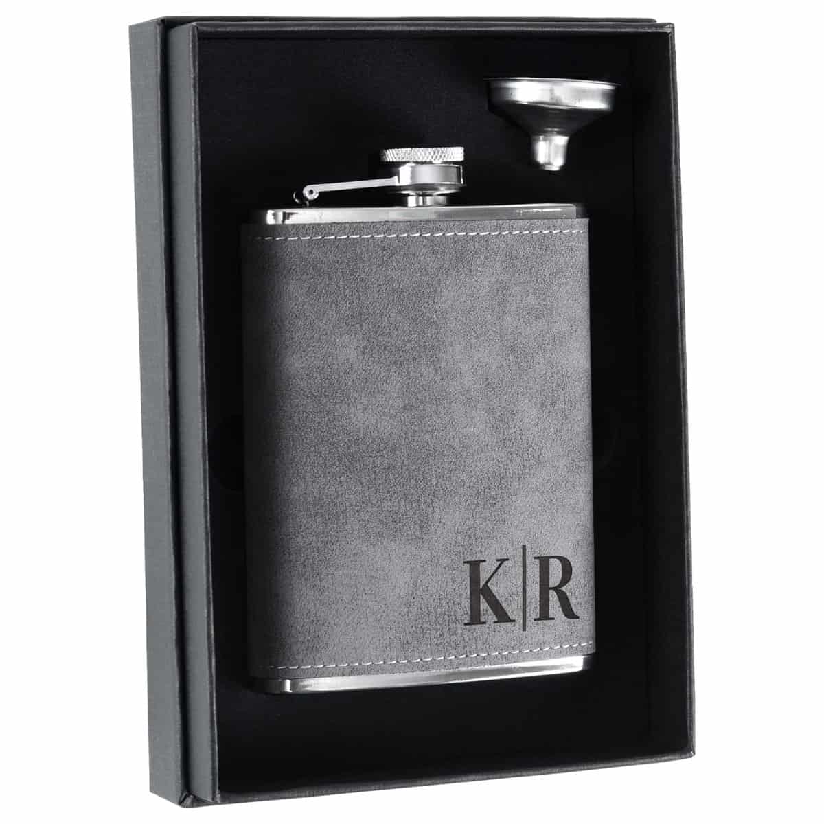 Personalised Hip Flask for Men, Customised PU Leather Flask for Liquor for Men, 8 oz Stainless Steel Engraved Flask for Wedding, Bachelor Party, Gift for Him, Birthday Gift, Valentine Gift, Grey