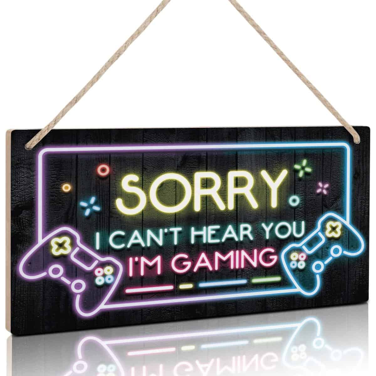 TOARTi Neon Light Gaming Wood Sign for Boys Bedroom Door Decorations,Gamer Quotes Sorry I cant hear you I am Gaming Wall Art Decor for Gamer Gifts,Video Game Wooden Plaque for Gaming Zone,6 x 12 inch