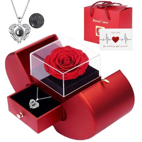 Forever preserved rose gift sets for ladies, mums, wives, featuring an “I Love You” necklace in 100 languages. Ideal for various occasions.