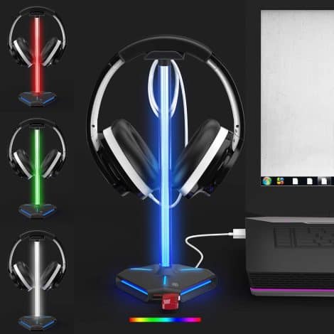 RGB Headphone Stand Headset Holder Hangar with 2 USB 2.0 Extension Charging Port, Type C input & output Extender Cable, and RGB Color Light Pole for Gaming Desktop.