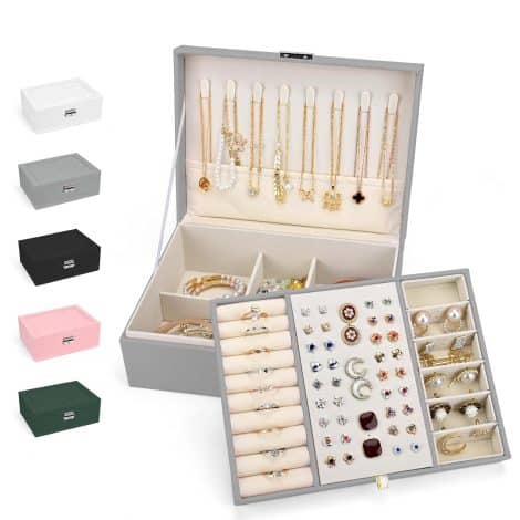 Large PU leather jewellery box organiser for women, featuring removable tray and double layer storage case. Perfect gift for storing accessories.