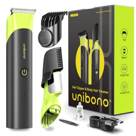 Unibono Electric Men’s Grooming Kit for Trimming Body Hair: Beard, Chest, Armpits, Groin, and Pubic Hair. USB Rechargeable & Waterproof.