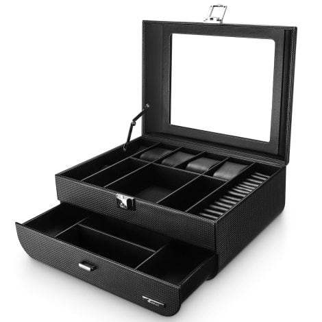 Seelux Men’s Jewellery Storage Case Organiser, Black, with Glass Lid, Lock, Double Layer – Perfect Gift for Father.