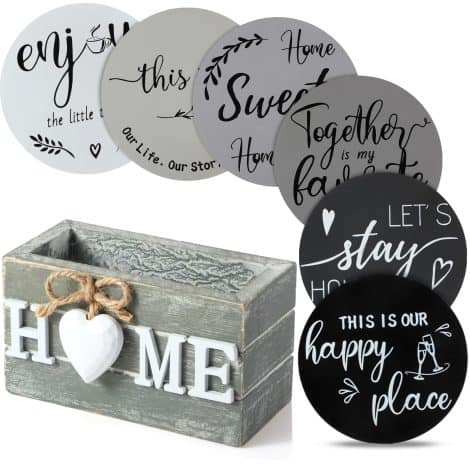 Wooden Heart Coasters with Holder, Set of 6 Farmhouse Coasters, Funny Housewarming Gifts for Home Decor.