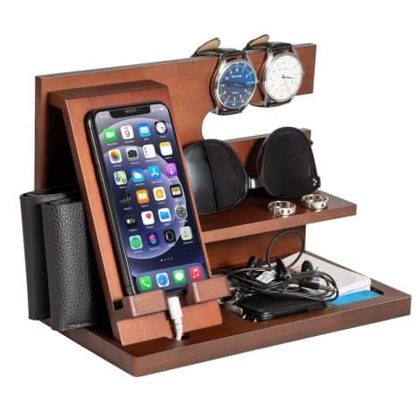 Wooden Phone Docking Station and Key Holder Wallet Stand – Ideal Anniversary or Birthday Gifts for Men. Perfect Xmas Presents for Husband, Boyfriend, or Dad – a Handy Bedside Organiser.