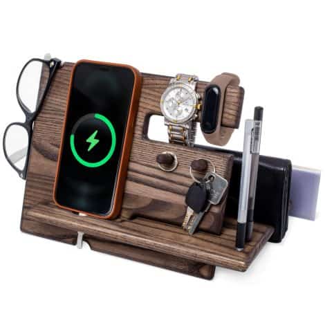 YAREM Wooden mobile docking station for gentlemen, a bedside table phone holder and desktop organizer, ideal for anniversaries, birthdays, and gifts for men.