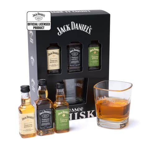 Jack Daniels Gift Set: A selection of 3x 5cl bottles of Jack Daniels Whisky, including Honey, Apple, and JD Old No7, with a JD Tennessee Whiskey Glass. Perfect Christmas gifts for men, boyfriend, or him.