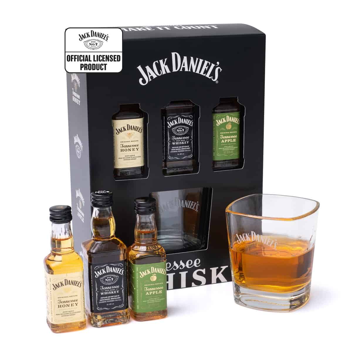 Jack Daniels Gift Set - Jack Daniels Whiskey 3x 5cl Honey, Apple, JD Whisky Old No7 Mini Alcohol Bottles, JD Tennessee Whiskey Glass - Christmas Jack Daniels Gifts for Men, Boyfriend Gifts for Him