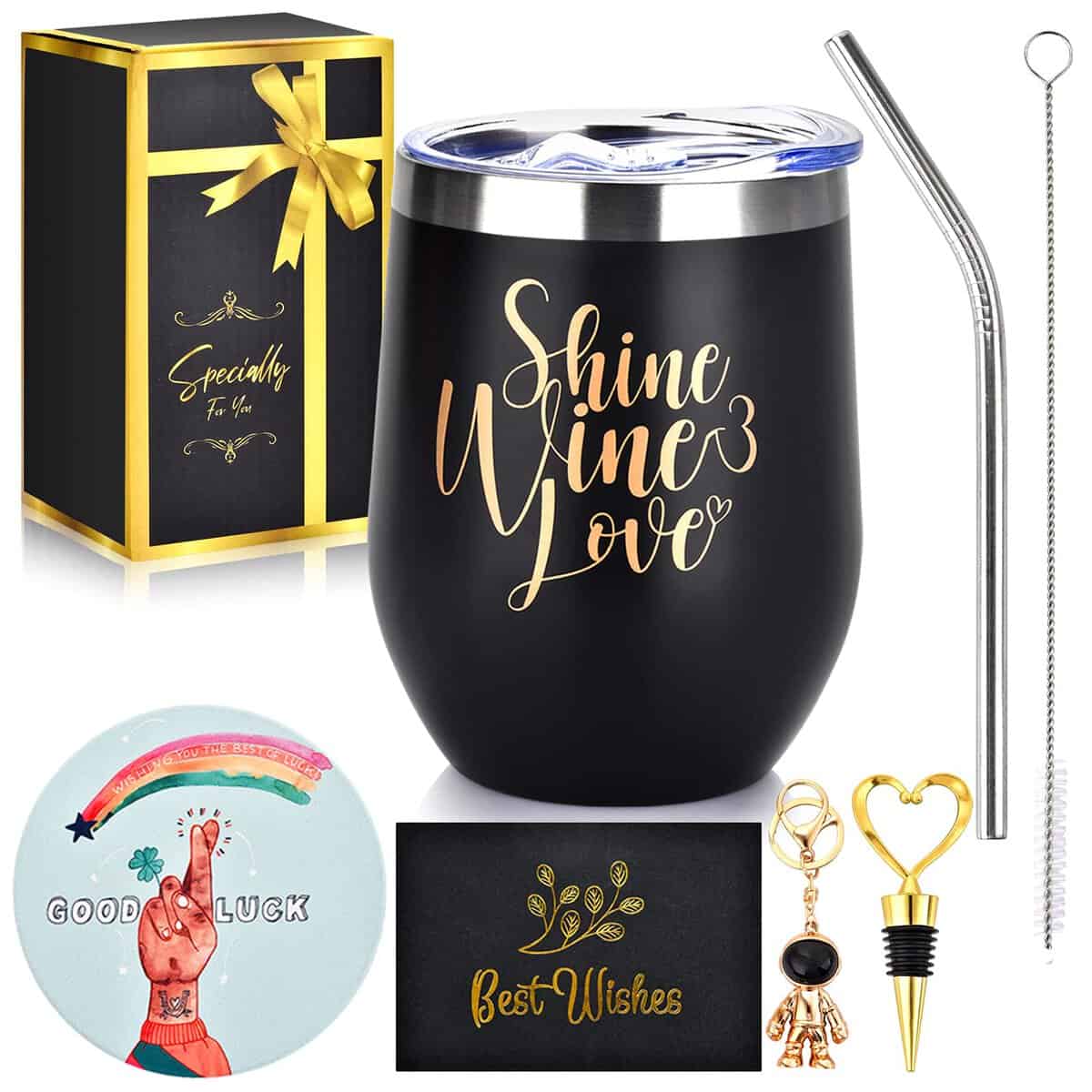 ONMIER Women Men Gifts - Birthday Valentines Day Christmas Holiday for Ladies, Coworkers and Friends - 12 oz Wine Tumbler Cup Set, Thank You Anniversary Appreciation Farewell Present (Black 02)