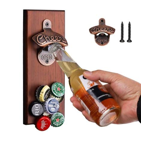 Wall-mounted beer bottle opener with a magnetic catcher; unique gift for men, ideal for a home bar, pub, or man cave. Suitable for birthdays or housewarming.