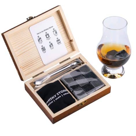 VOVZON Whisky Cooling Stones Present Set for Gentlemen – 9 Bourbon Chunks in Timber Case, Ideal Gift for Dad, Boyfriend, or Colleagues.