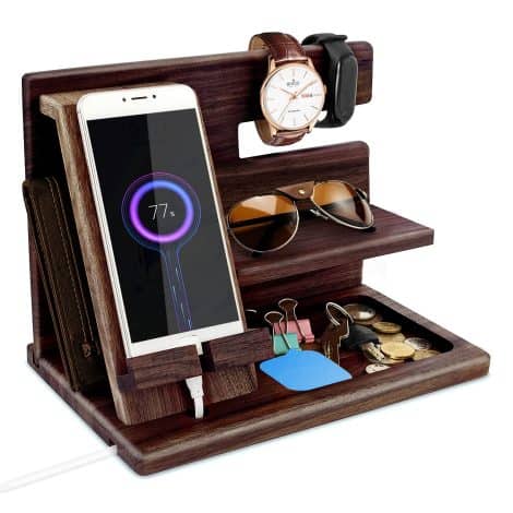 Christmas wooden phone docking station for men, a bedside organizer and gift for him, perfect for anniversary or birthday.