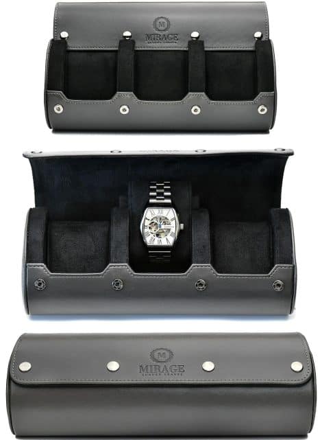 Men’s Watch Case – Watch Roll Travel Organiser – 3 Watch Display and Storage Case – Watch Gift – Grey Slate from Mirage.