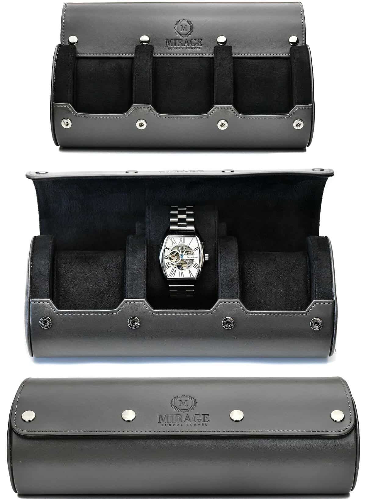 Watch Case for Men - Watch Roll Travel Organizer - 3 Watch Case Display and Storage - Watch Accessory Gift - Slate Grey by Mirage