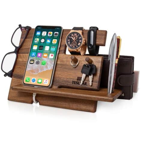 Teslyar Men’s Walnut Wooden Phone Docking Station for Desk, ideal for Father’s gifts on special occasions.