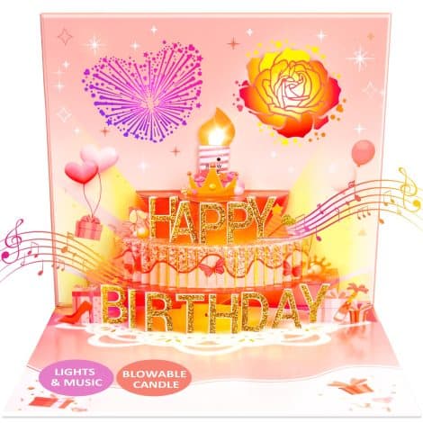 FITMITE Birthday Cards: Rose Gold Musical Pop-up Card with Light and Blowable Candle – Ideal Birthday Gift.