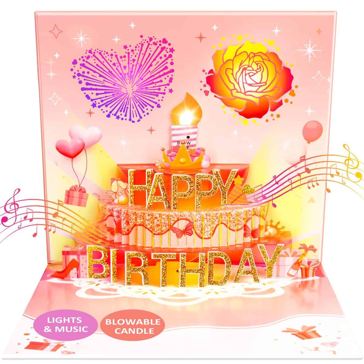 FITMITE Birthday Cards, Musical Pop up Happy Birthday Card with Light and Blowable Candle Birthday Gifts for Women Men Husband Wife Sister Friends Kids-Rose Gold