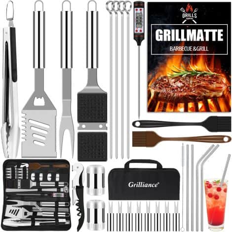 Grillusion 30-piece Stainless Steel Barbecue Tools Set for Men’s Birthday Gift, Robust BBQ Toolkit with Carry Case and Grill Pad, Portable Grill Utensils for Camping, Silver.