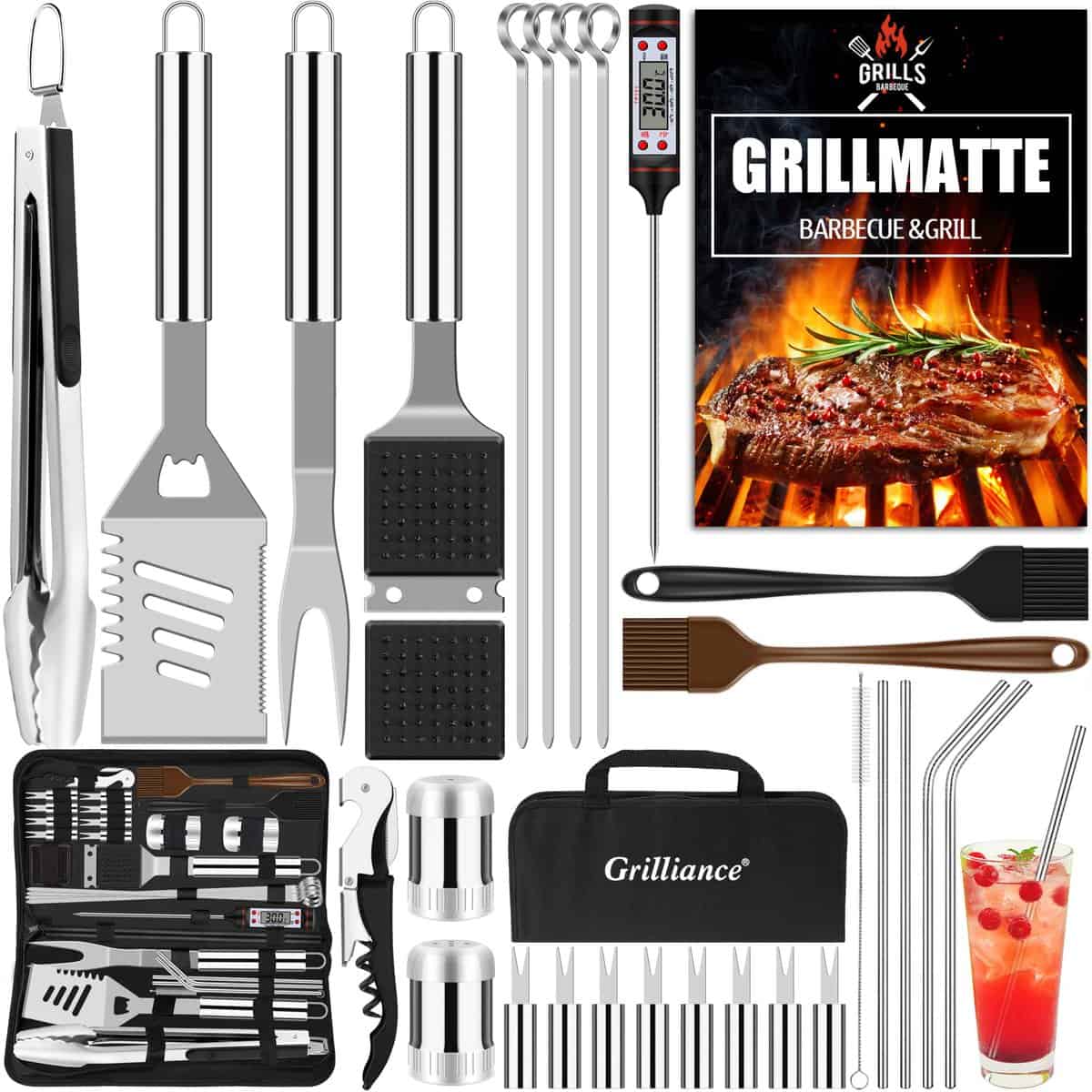 Grilliance 30pcs Stainless Steel Grill Tools Set for Men Gift Birthday, Heavy Duty BBQ Accessories Kit with Bag and Grill Mat, Portable Grilling Utensils for Outdoor Camping Silver