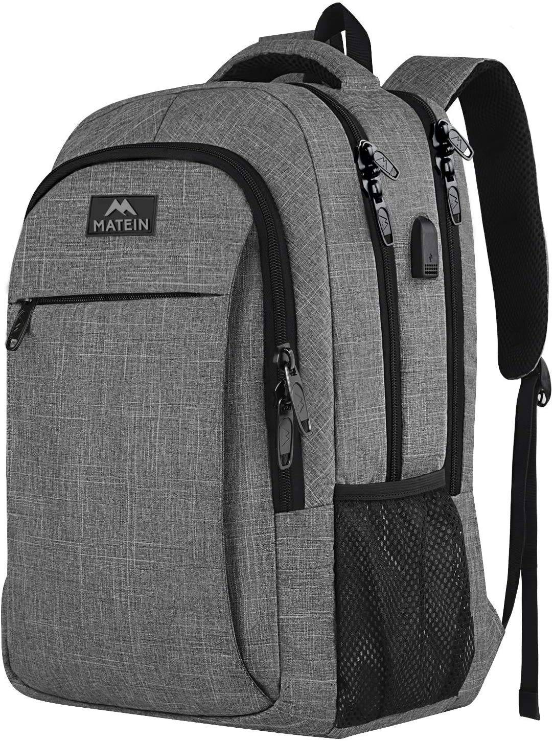 MATEIN Travel Laptop Backpack, Work Bag Lightweight Laptop Bag with USB Charging Port, Anti Theft Business Backpack, Water Resistant School Rucksack Gifts for Men and Women, Fits 15.6 Inch Laptop-Grey