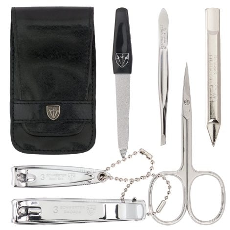 3 Swords Germany – high-quality 6 piece grooming set for professional nail care, including scissors and clippers. Comes in a stylish leather case, presented in a gift box. Manufactured by 3 Swords (884015).