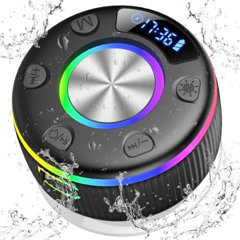 Wireless waterproof Bluetooth speaker with display, RGB lights, stereo bass, radio, suitable for bathroom, party, travel, and outdoor use.