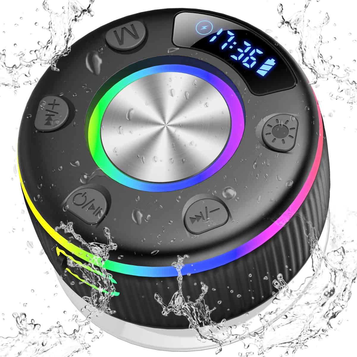 Bluetooth Shower Speaker, Portable Bluetooth Speaker Wireless with Time Display, 2023 IPX7 Waterproof Speaker with RGB Lights, Stereo Bass, Radio, Mini Speaker for Bathroom, Party, Travel, Outdoor