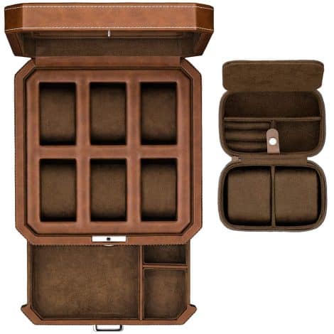 ROTHWELL Luxury Watch Set in Tan/Brown – Includes 6-slot Leather Watch Box and 2 Travel Cases.