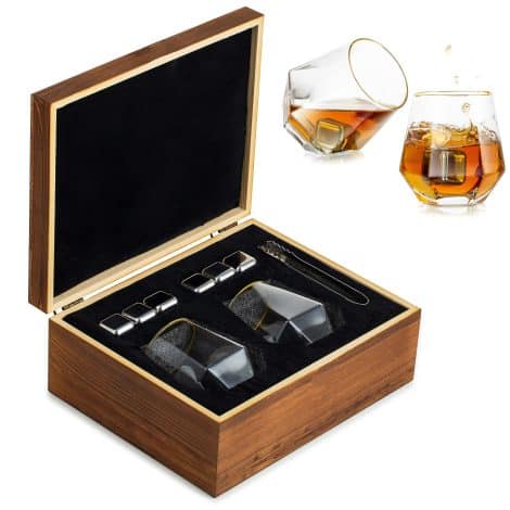 Glasseam Men’s Whisky Glass Gift Set with Vintage Whisky Stones, Diamond Whiskey Tumblers, and Wooden Box. Ideal for gifting on special occasions.