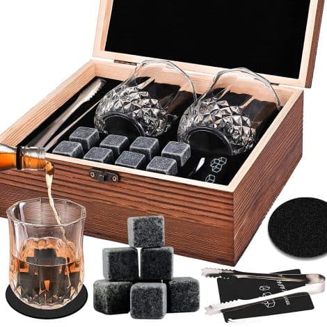 Whisky Rocks and Tumblers Set for Gents, 8 Granite Whisky Rocks + 2 Crystal Whisky Tumblers & Pouch, Ideal Gift for Dad, Partner, or Male Relatives.