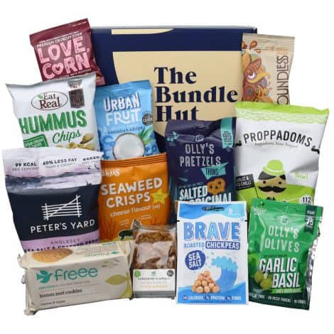 Vegan Snacks Hamper Gift Box from The Bundle Hut – Includes 12 Assorted Vegan Snacks – Yorkshire Flapjack, Olly’s Olives, Peter’s Yard Sourdough Bites, Cookies & more – Vegan Gift Set for both Genders.