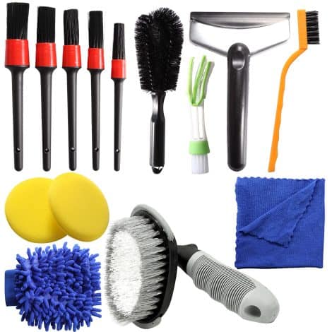 14 piece car cleaning brush kit for car interior and exterior cleaning, including tyre brush and air vent brush.