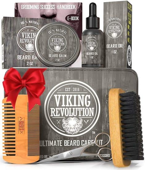 Viking Revolution Men’s Beard Care Set – Complete grooming kit with all-natural brush, comb, balm, oil, and scissors.