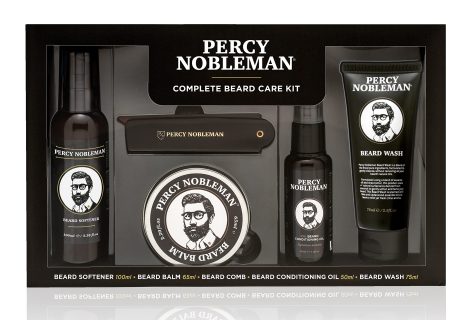 Percy Nobleman’s Beard Grooming Set includes a beard conditioner, scented oil, styling balm, facial cleanser, and foldable comb.