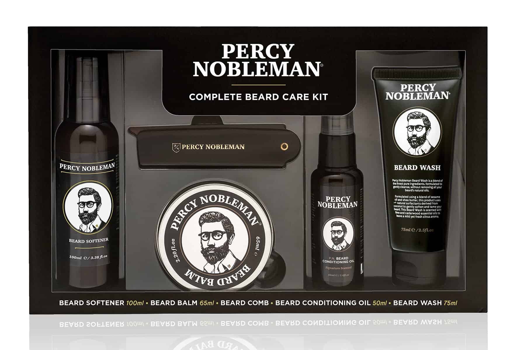 Percy Nobleman, Complete Beard Care Kit, containing a beard softener, scented beard oil, beard balm, beard wash, and folding acetate comb