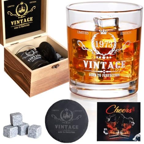 50th Birthday Gifts for Men, Traditional 1973 Whisky Glass Set – 50th Birthday Celebration – 50-Year Anniversary, Gift Suggestions for Him, Father, Spouse, Companions – Wooden Crate with Whisky Rocks and Drinks Mat.