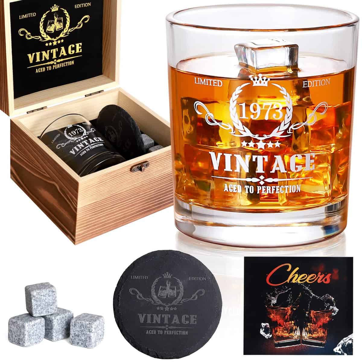 50th Birthday Gifts Men, Vintage 1973 Whiskey Glass Set - 50th Birthday Decorations - 50 Years Anniversary, Bday Gifts Ideas for Him, Dad, Husband, Friends - Wood Box & Whiskey Stones & Coaster