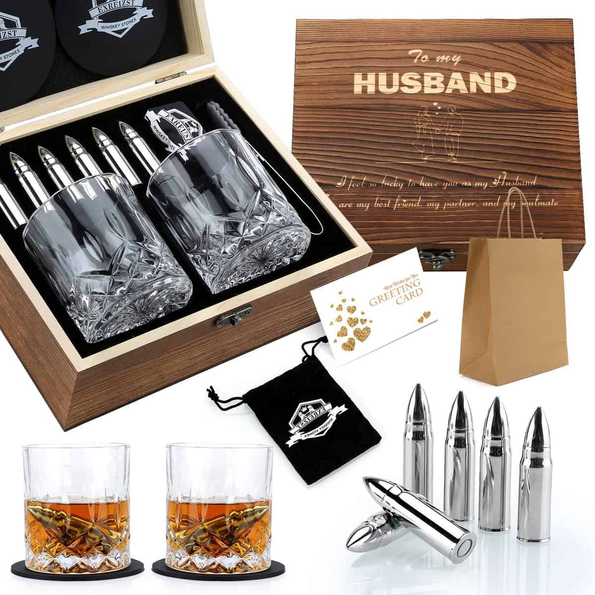 Whiskey gift sets for Men Husband Groomsmen Gifts Wedding Men Birthday Gift Ideas from Wife - Stainless Steel Whiskey Stones and whisky gift set - Bourbon Gifts for Men Him Husband