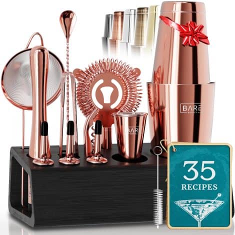 Rose Gold Mixology Bartender Kit with Stand, perfect for creating cocktails at home and ideal as a gift.