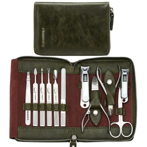 FAMILIFE Men’s Grooming Kit with 11 Stainless Steel Nail Tools in Dark Green Travel Case.