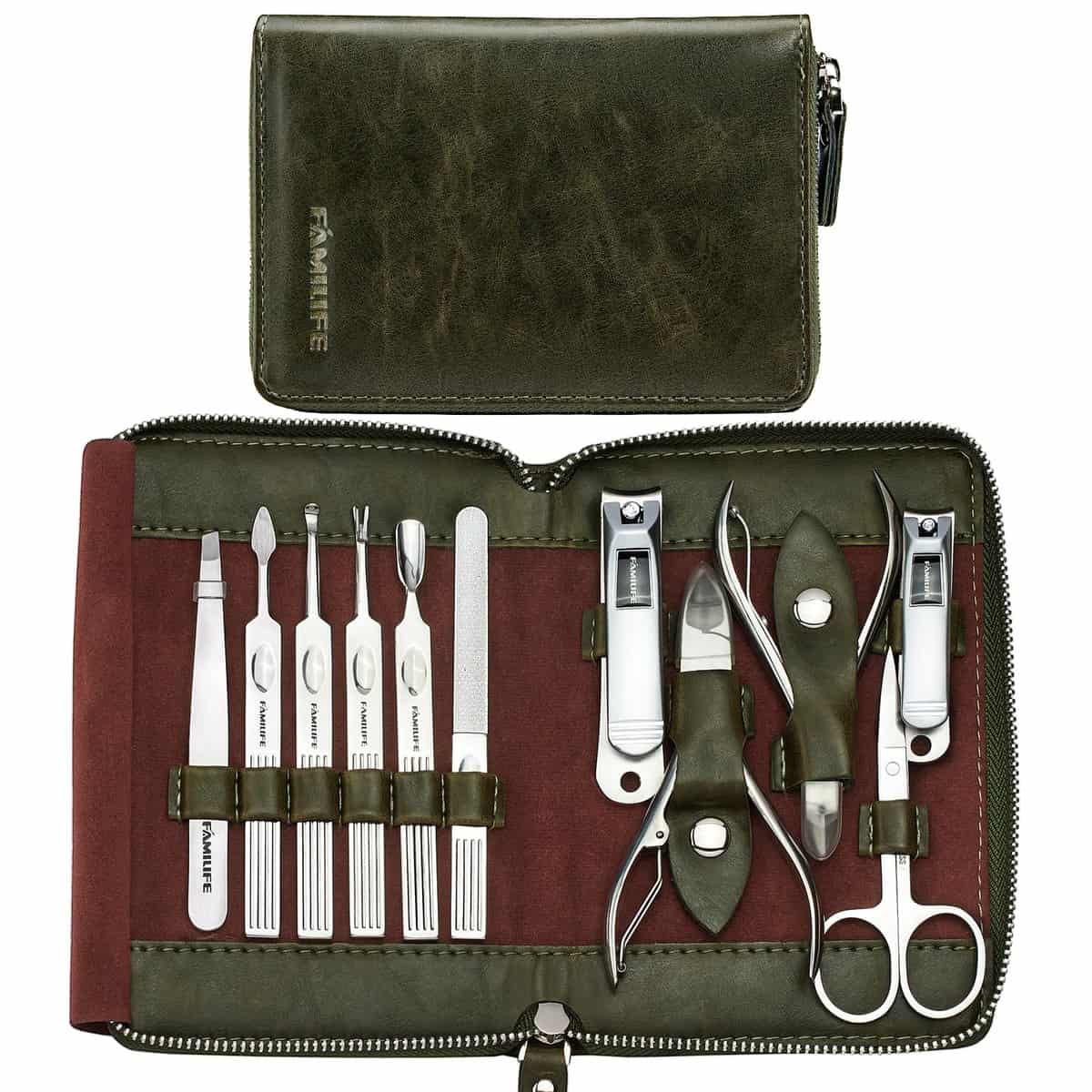 FAMILIFE Manicure Set, Nail Kit 11 in 1 Gifts for Men him Pedicure Kit Stainless Steel Mens Manicure Kit Professional Leather Pedicure Tools Mens Grooming Kit with Dark Green Travel Case Nail Clippers