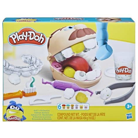 Children’s dentist toy set with a Play-Doh Drill ‘n Fill feature, including 8 pots of modeling compound in various colors.