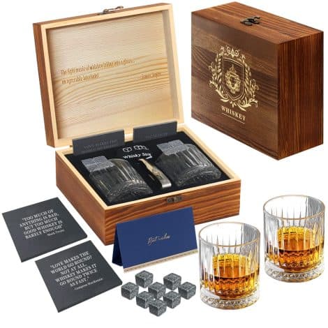 Men’s Whisky Gift Set includes 8 whiskey stones, 2 custom stone coasters, 2 crystal whisky glasses in a premium wooden box, perfect for whisky enthusiasts.